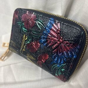 Vibrant Metallic Butterfly Floral Textured Clutch Wallet W/Gold Hardware
